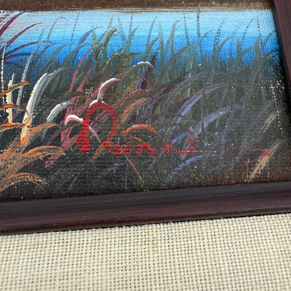 Signed Vintage Framed Duck Marsh Painting Wildlife Cabin Lodge Decor 15.5x13.5 - Picture 2 of 11